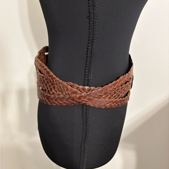 Brown Leather Braided Wide Waist Belt silver tone Concho Medium Boho western - Picture 4 of 9